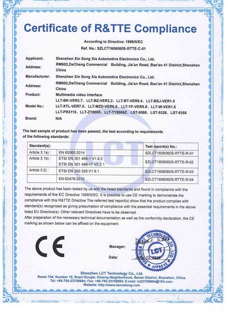 Trung Quốc Shenzhen Xinsongxia Automobile Electron Co.,Ltd Chứng chỉ